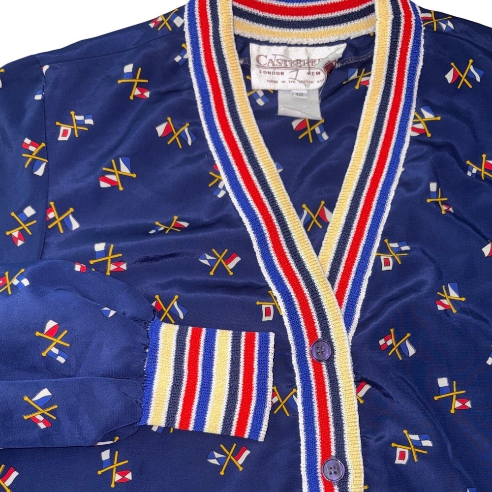 Vintage Castleberry Cardigan Womens 12 Navy Blue Nautical Flag Print USA Made